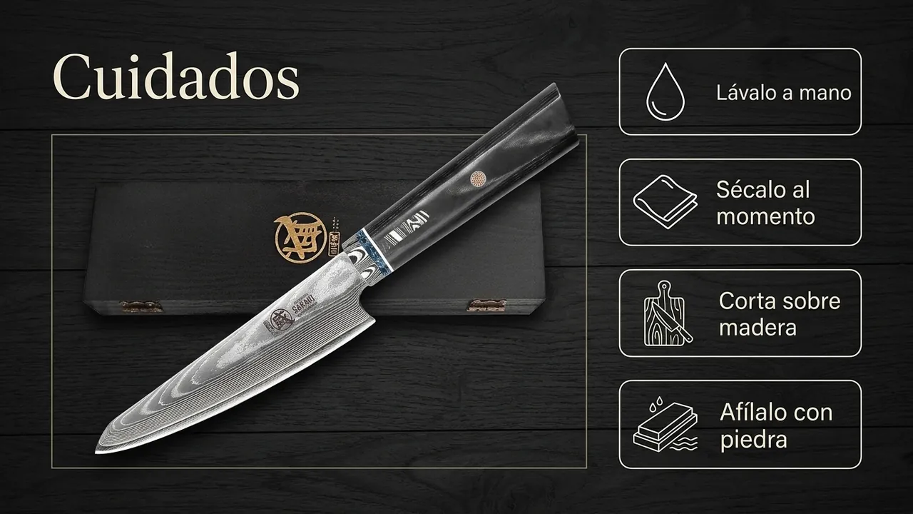 Cuidados del kiritsuke HAP40 de Mitsumoto Sakari: lavado a mano, secado al momento y afilado con piedra