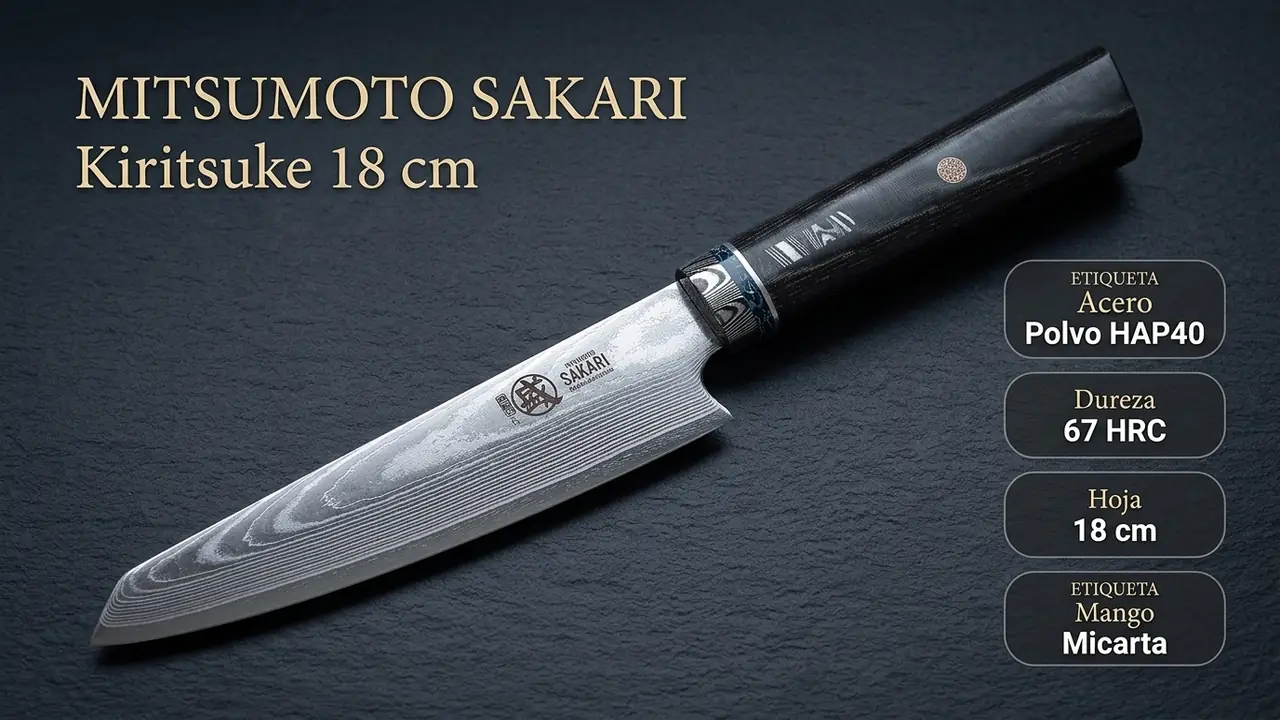 Ficha técnica del kiritsuke Mitsumoto Sakari: acero en polvo HAP40, 67 HRC y mango de micarta
