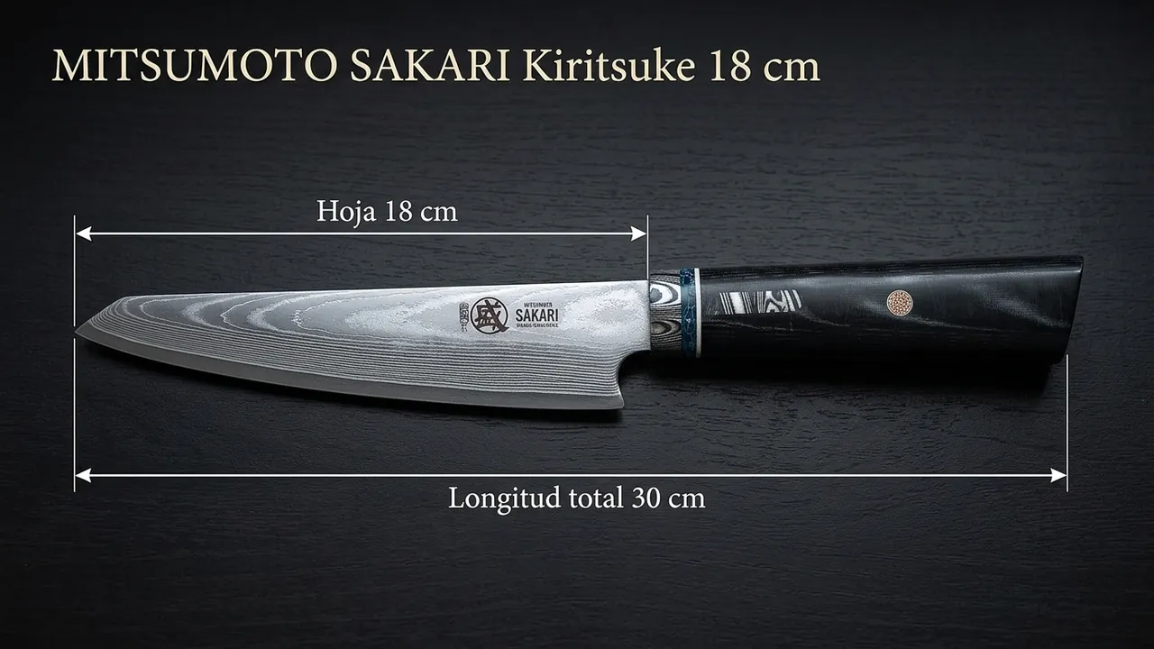 Medidas del kiritsuke Mitsumoto Sakari HAP40: 18 cm de hoja y 30 cm de longitud total