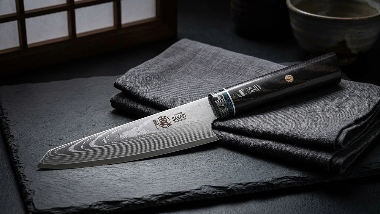 Cuchillo kiritsuke japonés Mitsumoto Sakari de acero en polvo HAP40 con mango de micarta