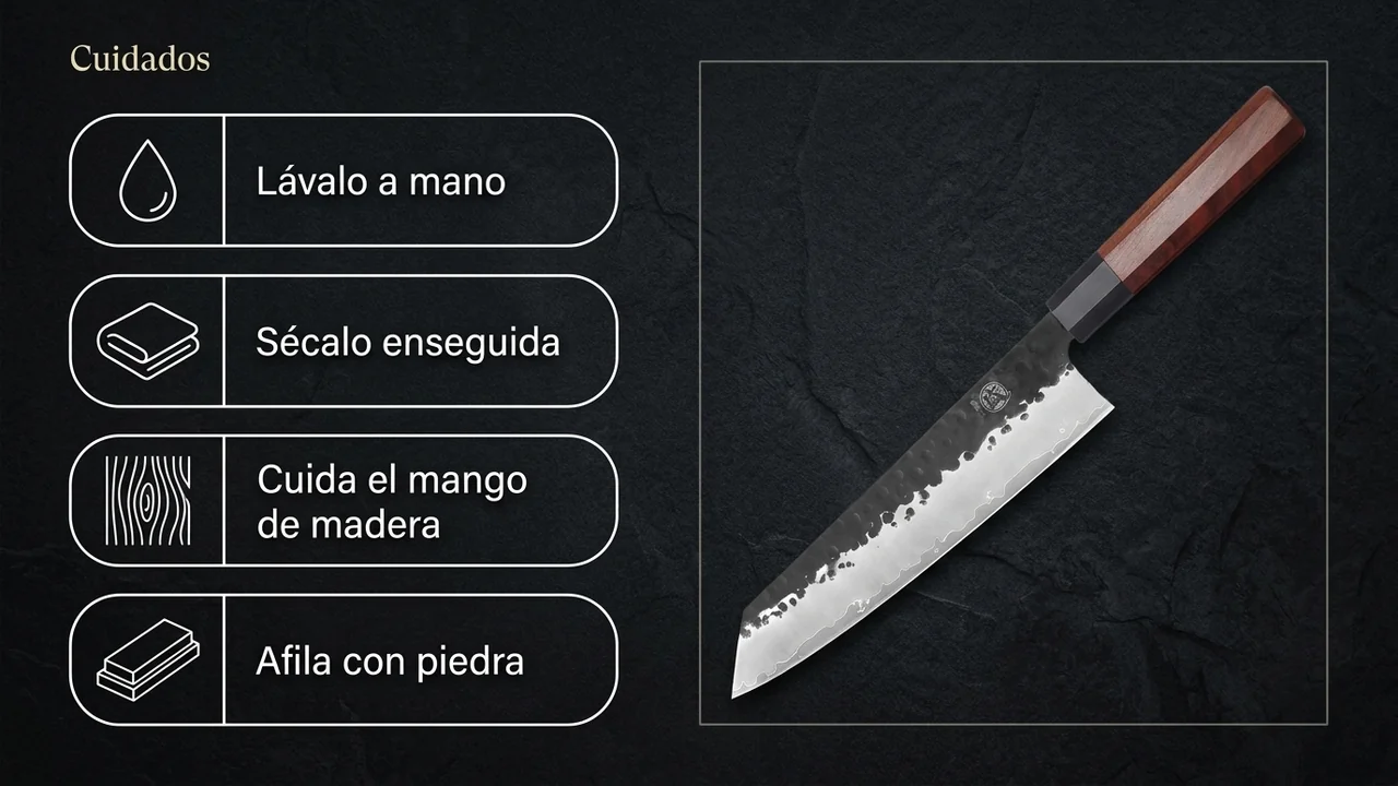 Cuidados del kiritsuke MITSUMOTO SAKARI: lavado a mano, secado inmediato, cuidado del mango y afilado con piedra
