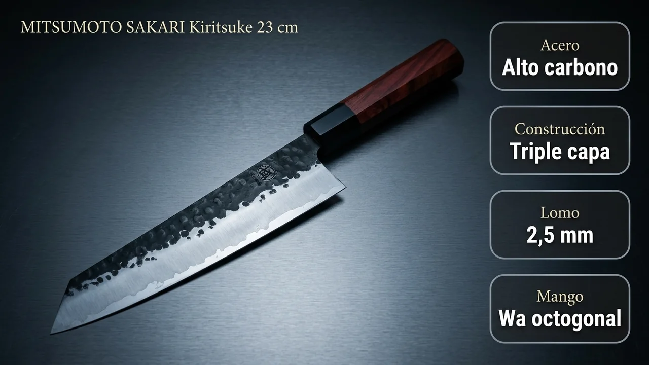 Ficha del kiritsuke MITSUMOTO SAKARI: acero al alto carbono triple capa, lomo de 2,5 mm y mango wa octogonal