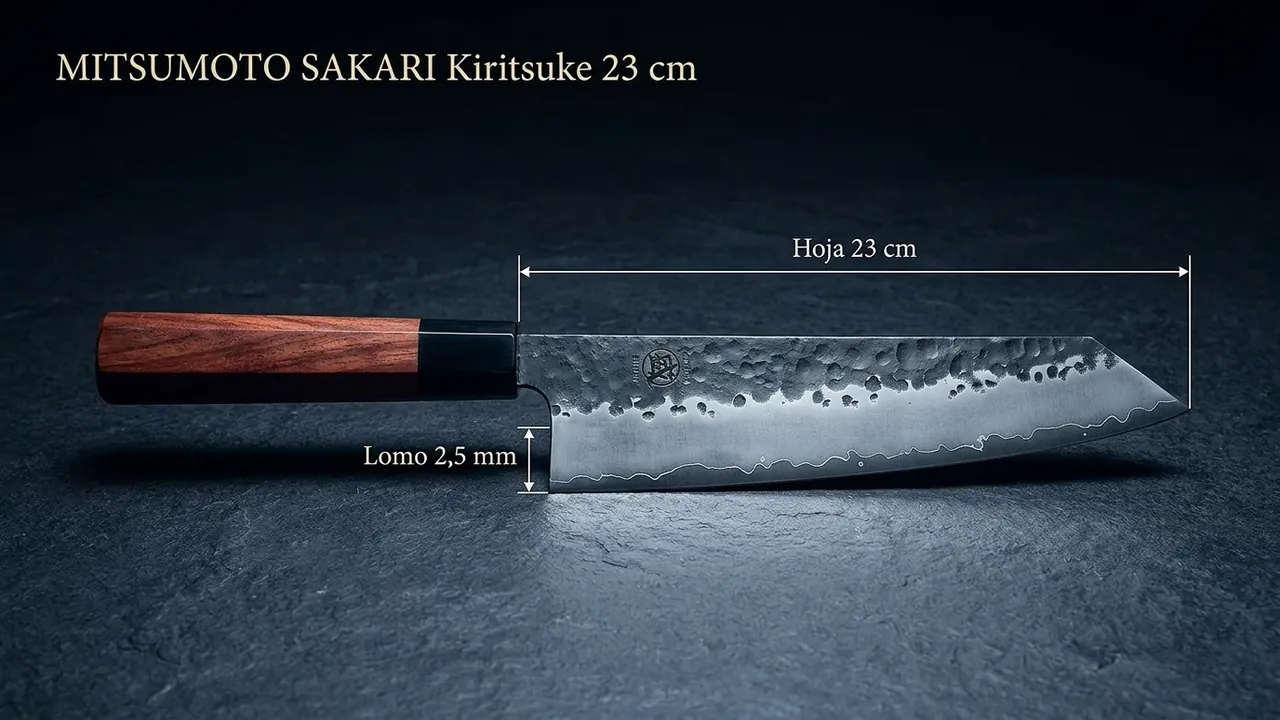 Kiritsuke MITSUMOTO SAKARI acotado: hoja de 23 cm de punta angulada y lomo de 2,5 milimetros