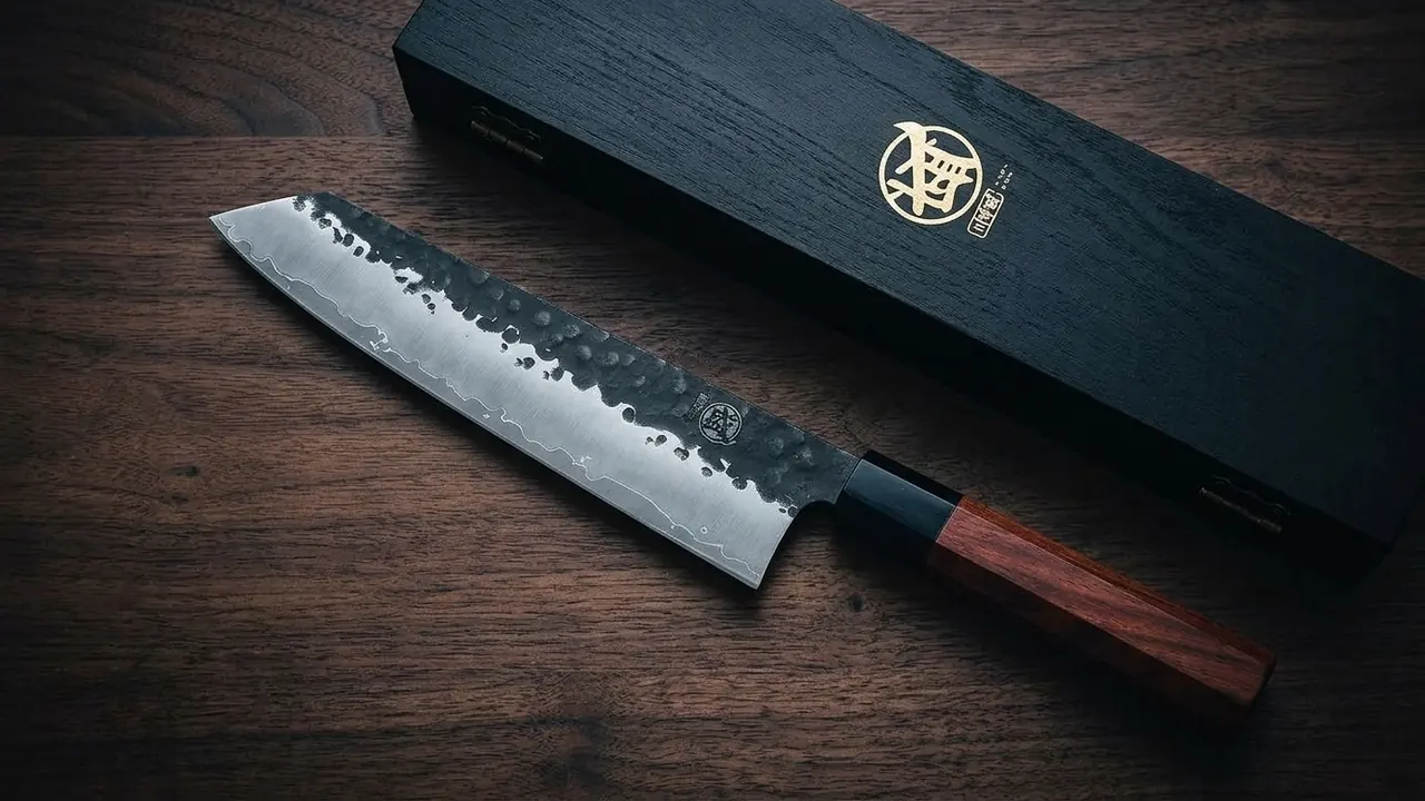 Kiritsuke MITSUMOTO SAKARI de 23 cm visto desde arriba junto a su caja de madera negra sobre nogal