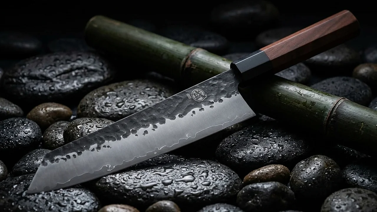 Cuchillo kiritsuke japonés Mitsumoto Sakari de acero triple capa con mango de palo de rosa