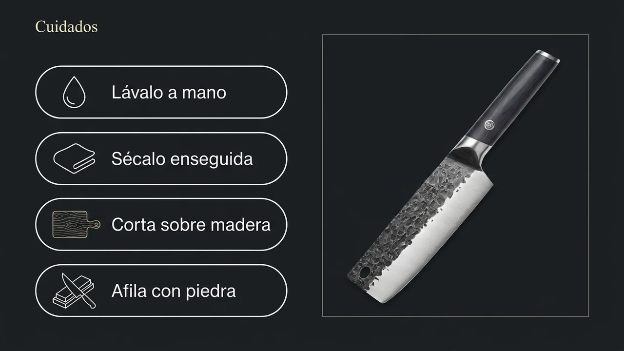 Cuidados del nakiri MITSUMOTO SAKARI: lavado a mano, secado inmediato, corte sobre madera y afilado en piedra