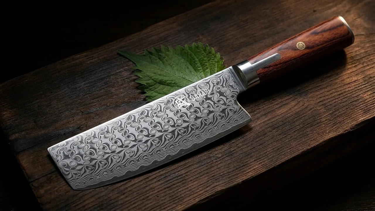 Cuchillo nakiri japonés Mitsumoto Sakari de damasco acero en polvo S301 con mango pakkawood