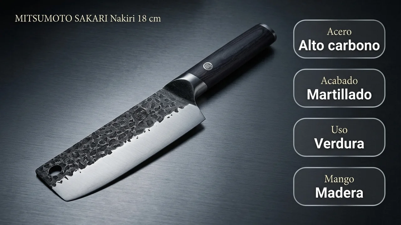 Ficha del nakiri MITSUMOTO SAKARI: acero al alto carbono martillado, uso en verdura y mango de madera