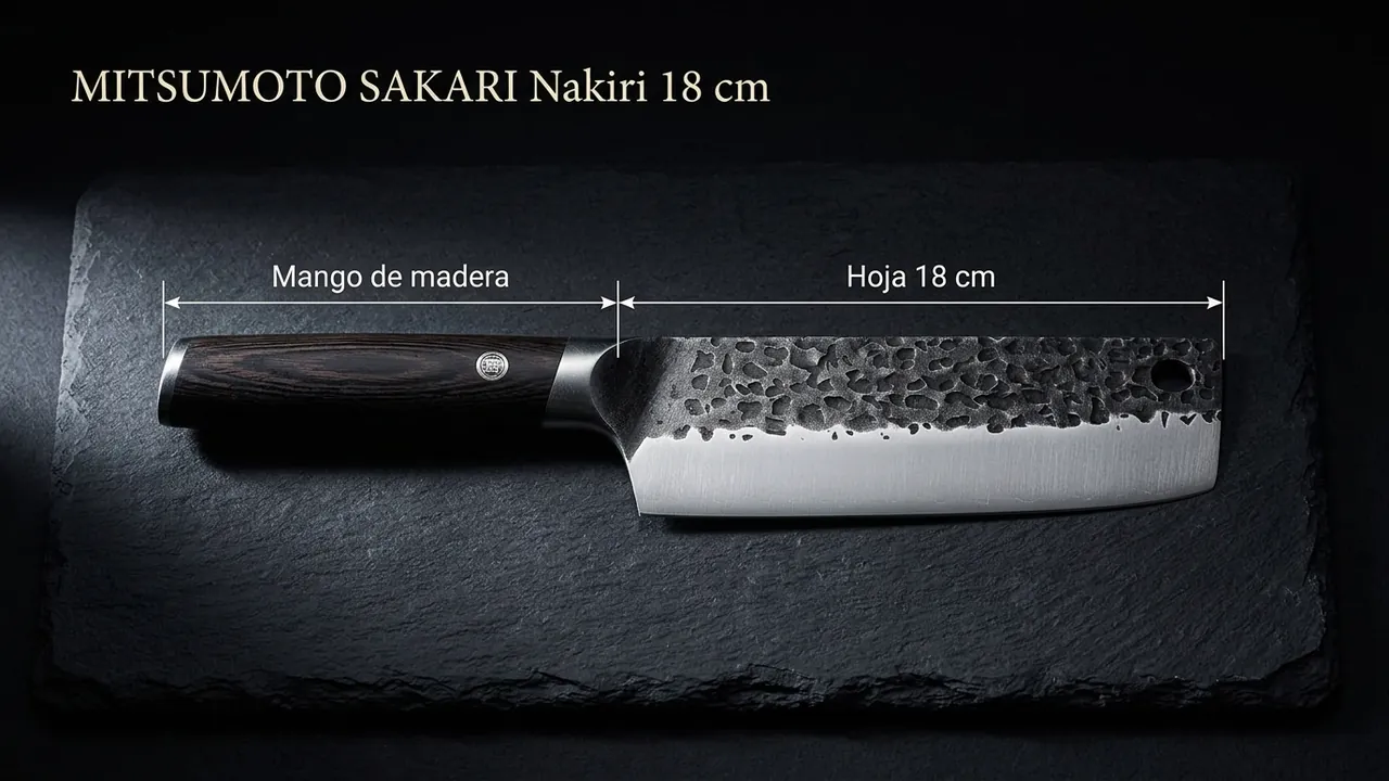 Nakiri MITSUMOTO SAKARI acotado: hoja rectangular de 18 cm y mango de madera oscura