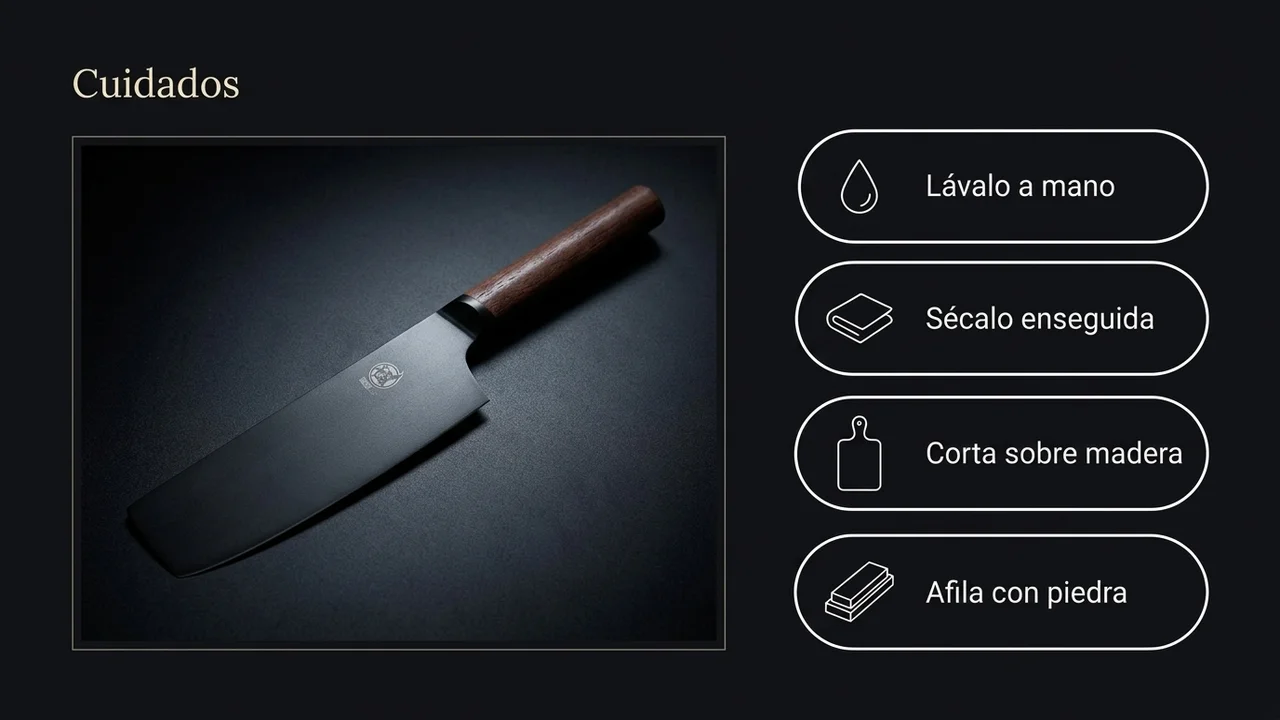 Cuidados del nakiri de titanio MITSUMOTO SAKARI: lavar a mano, secar al momento, cortar en madera y afilar en piedra