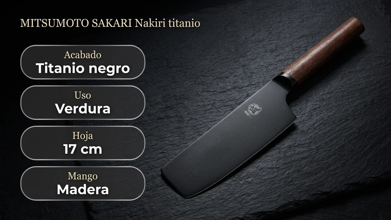 Datos del nakiri MITSUMOTO SAKARI: acabado de titanio negro, uso en verdura y mango de madera