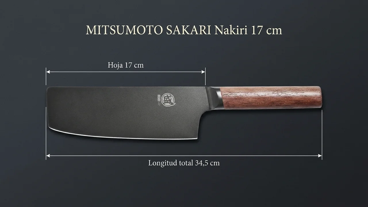 Medidas del nakiri de titanio negro MITSUMOTO SAKARI: hoja recta de 17 cm y 34,5 cm de longitud total