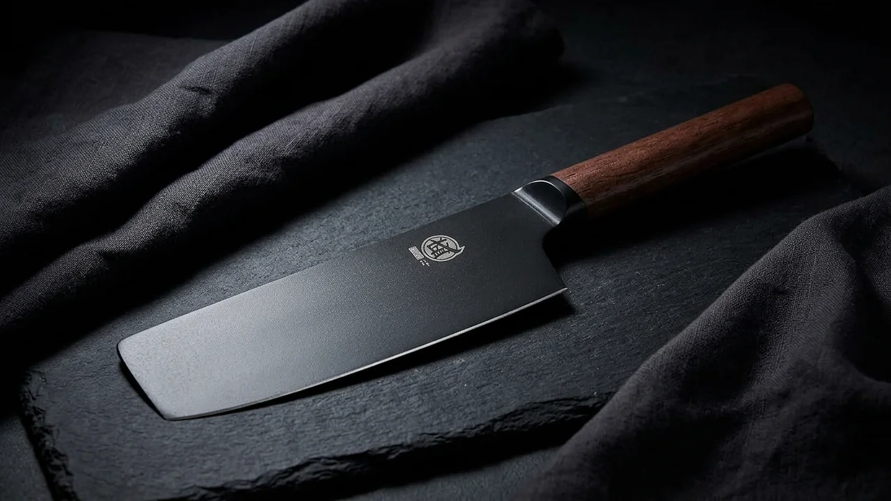 Cuchillo nakiri japonés Mitsumoto Sakari de hoja negra de titanio con mango de nogal