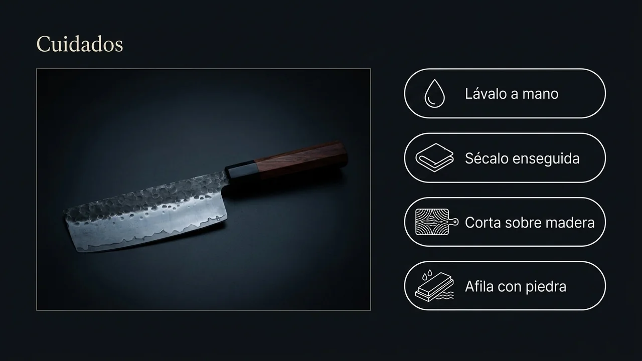 Cuidados del nakiri triple capa MITSUMOTO SAKARI: lavar a mano, secar al momento, cortar en madera y afilar en piedra