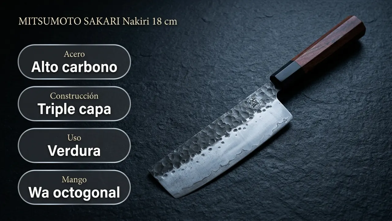 Datos del nakiri triple capa MITSUMOTO SAKARI: acero al alto carbono en tres capas y uso en verdura