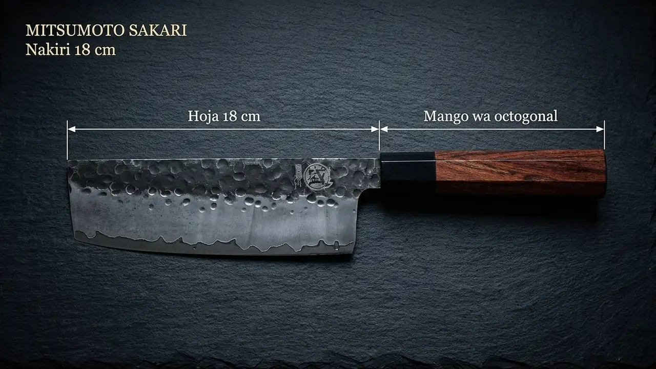 Nakiri triple capa MITSUMOTO SAKARI acotado: hoja recta de 18 cm y mango wa octogonal