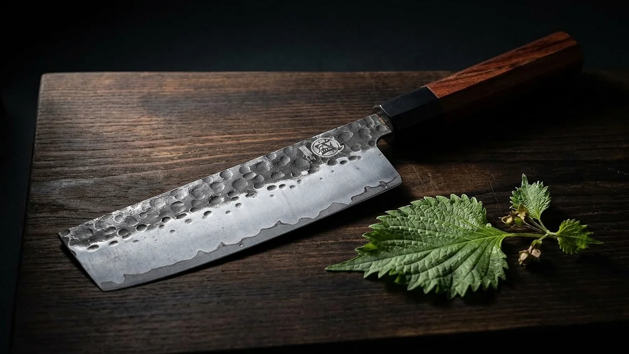 Cuchillo nakiri japonés Mitsumoto Sakari de acero triple capa con mango octogonal de palo de rosa