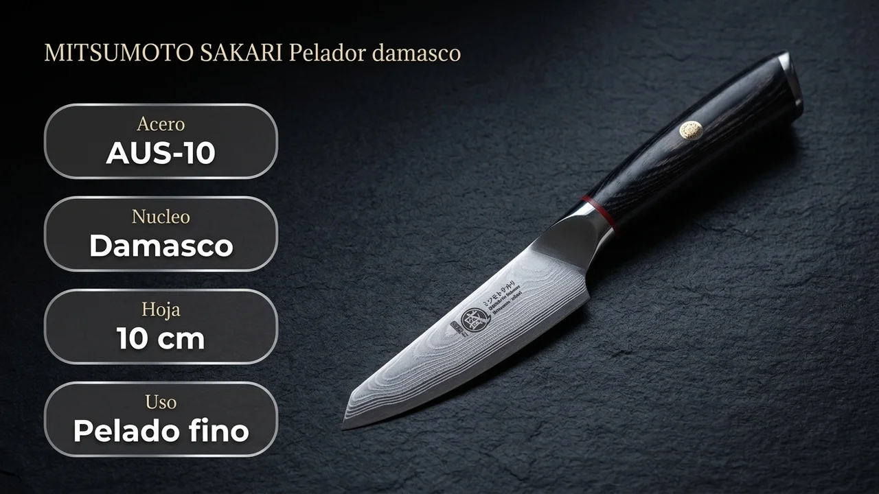 Ficha técnica del pelador MITSUMOTO SAKARI: acero AUS-10 con núcleo damasco y hoja de 10 cm para pelado fino