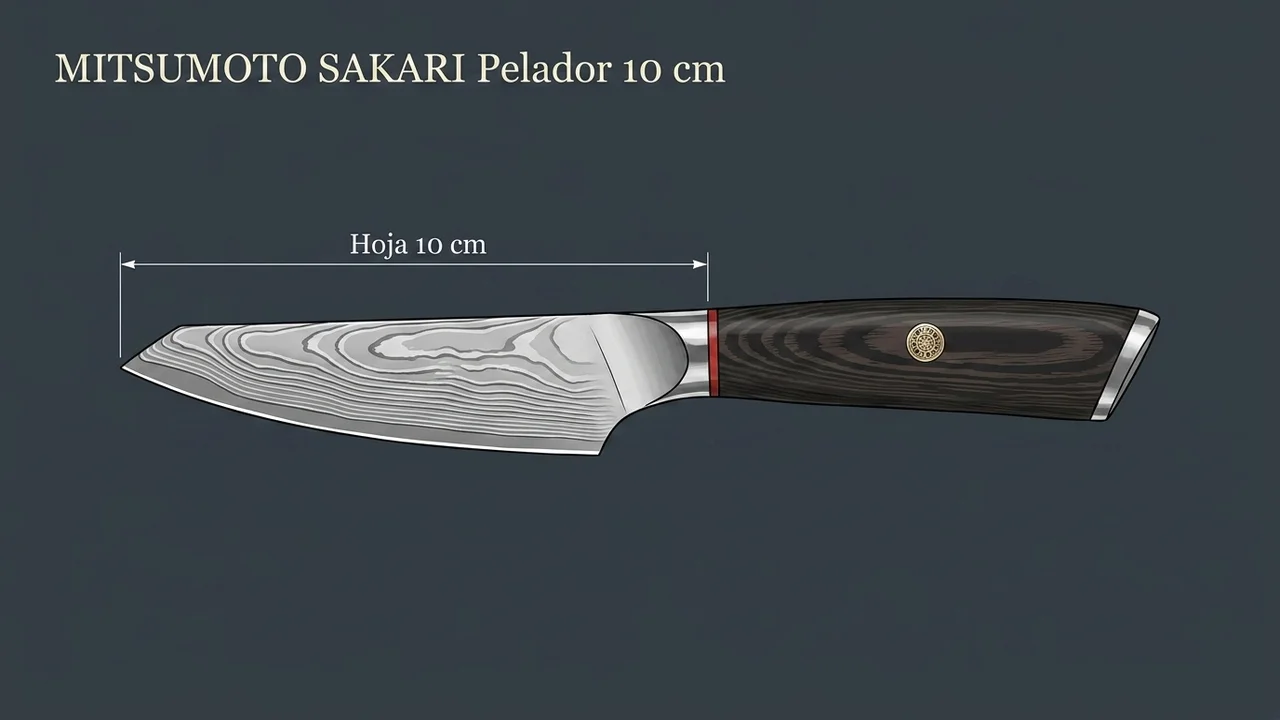 Medida del pelador damasco MITSUMOTO SAKARI: hoja corta de 10 cm acotada sobre pizarra oscura