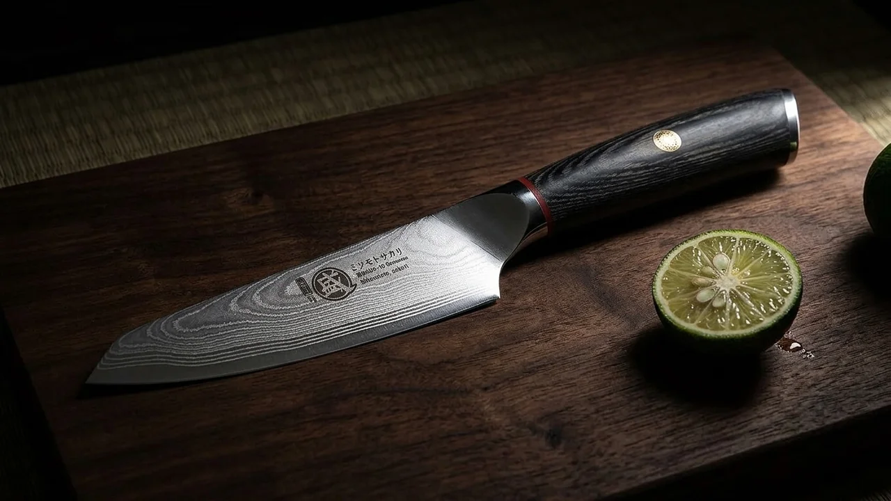 Cuchillo pelador japonés Mitsumoto Sakari de acero damasco AUS-10 con mango de pakkawood