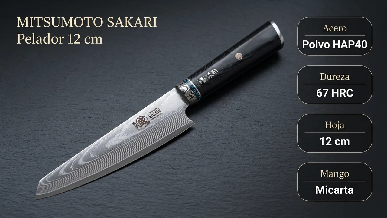 Ficha técnica del pelador Mitsumoto Sakari: acero en polvo HAP40, 67 HRC y mango de micarta