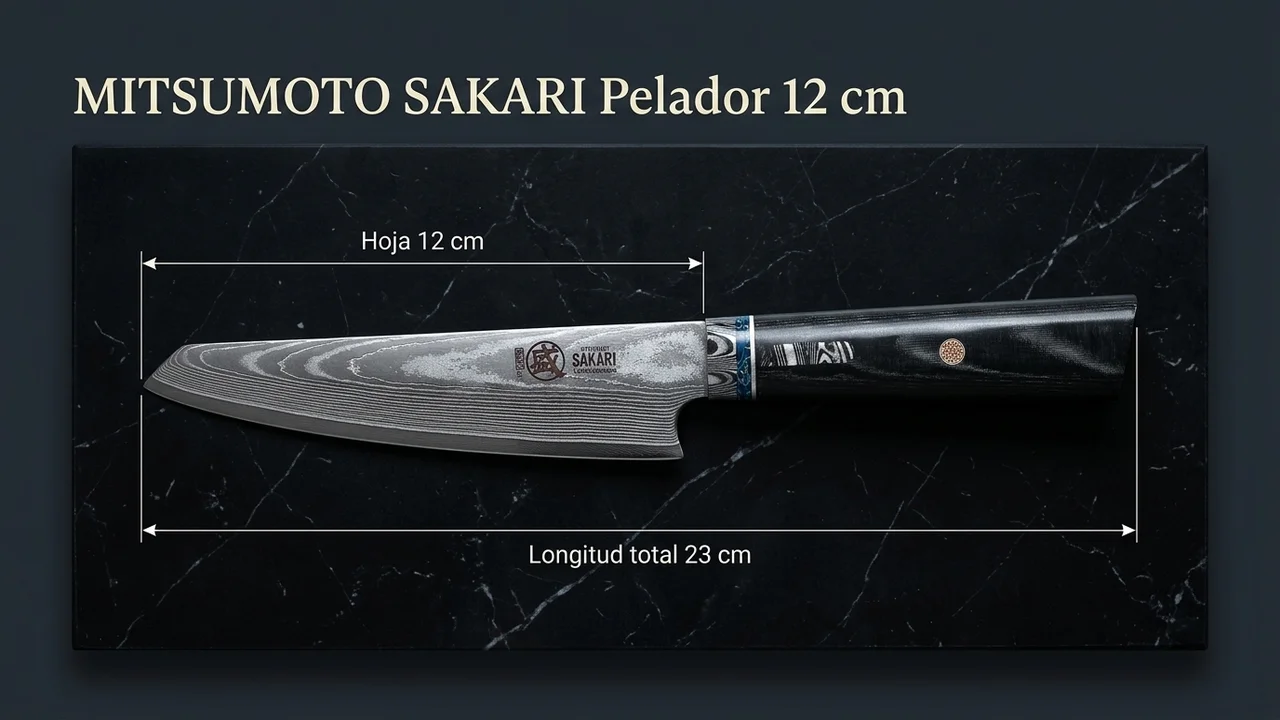 Medidas del pelador Mitsumoto Sakari HAP40: 12 cm de hoja y 23 cm de longitud total