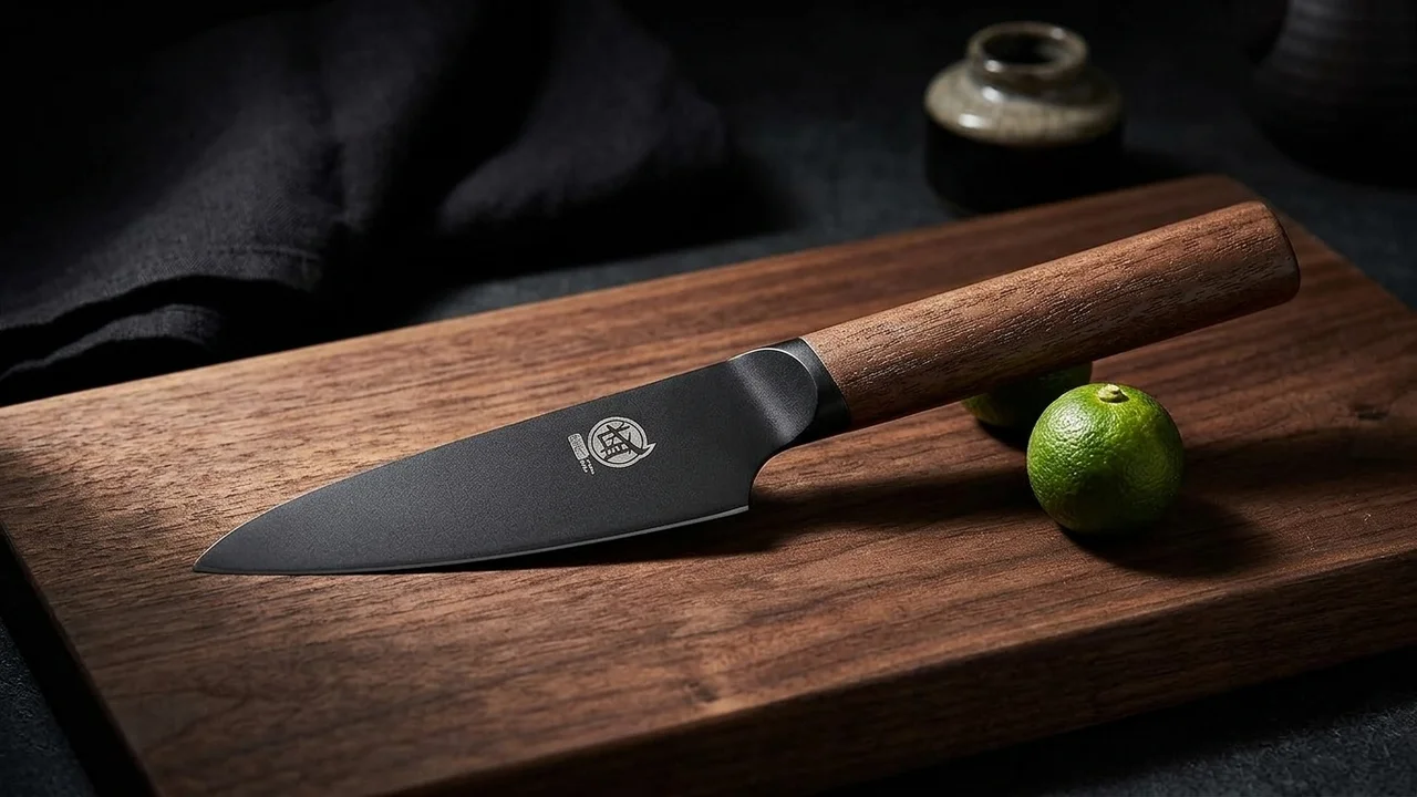 Cuchillo pelador japonés Mitsumoto Sakari de hoja negra de titanio con mango de nogal