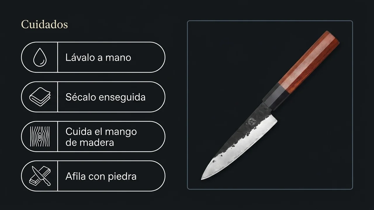 Cuidados del petty MITSUMOTO SAKARI: lavado a mano, secado inmediato, cuidado del mango y afilado con piedra