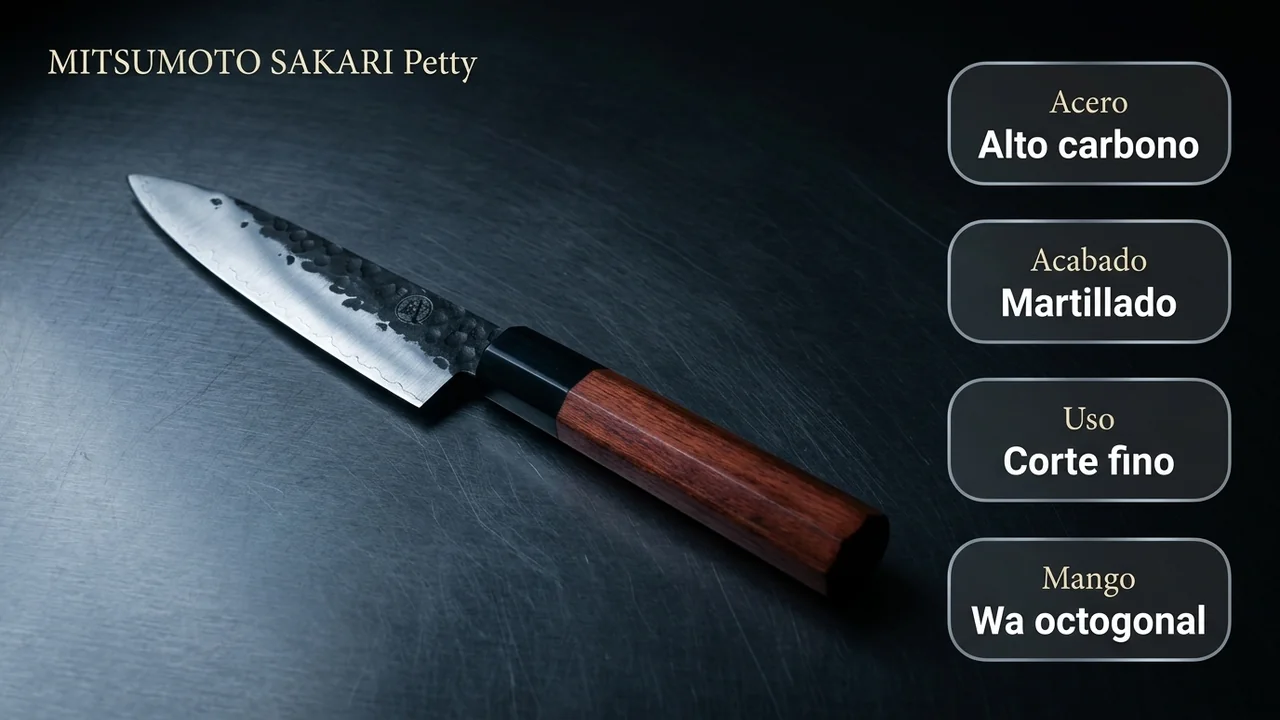 Ficha del petty MITSUMOTO SAKARI: acero al alto carbono, acabado martillado y uso en corte fino