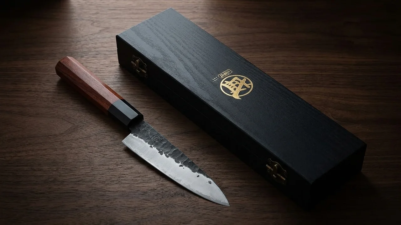 Cuchillo petty MITSUMOTO SAKARI visto desde arriba junto a su caja de madera negra sobre nogal oscuro
