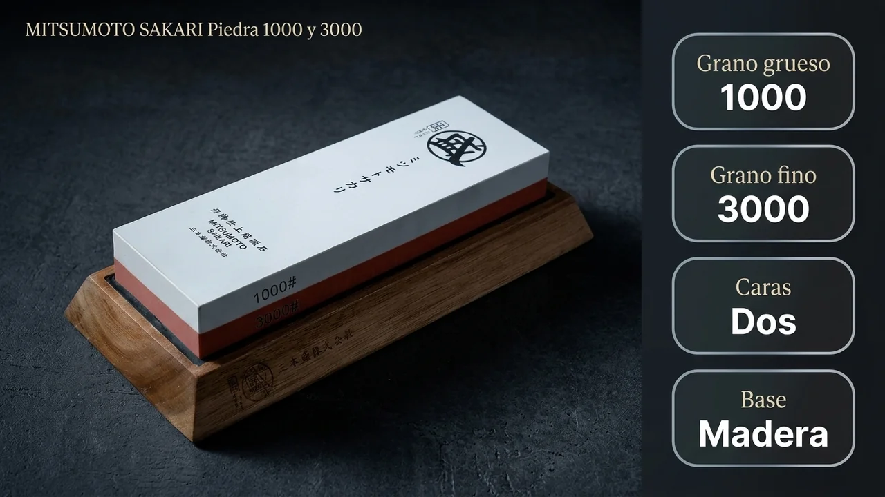 Ficha de la piedra MITSUMOTO SAKARI: grano grueso 1000, grano fino 3000, doble cara y base de madera