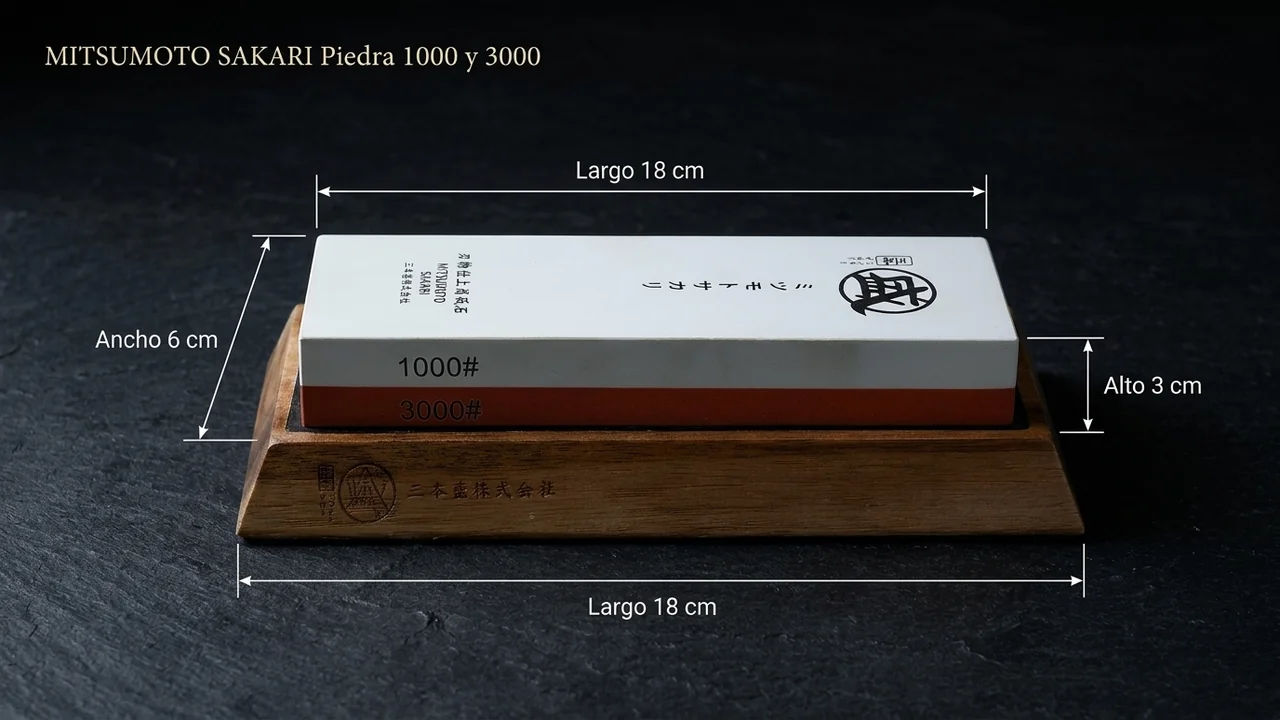 Piedra de afilar MITSUMOTO SAKARI 1000/3000 sobre base de madera con sus medidas: 18 por 6 por 3 centimetros