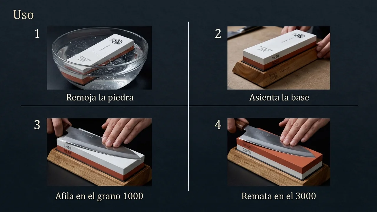 Cuatro pasos para afilar con la piedra MITSUMOTO SAKARI: remojar, asentar la base, afilar en el grano 1000 y rematar en el 3000