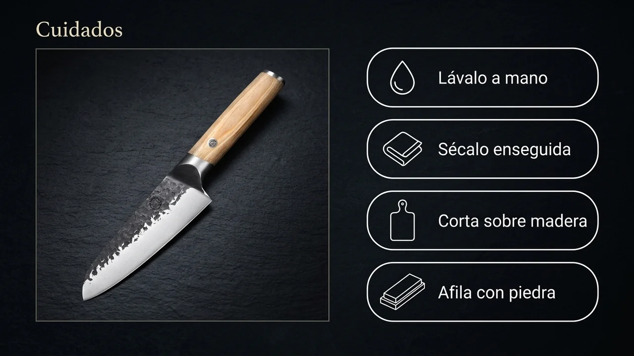Cuidados del santoku MITSUMOTO SAKARI de 17 cm: lavar a mano, secar enseguida, cortar en madera y afilar en piedra