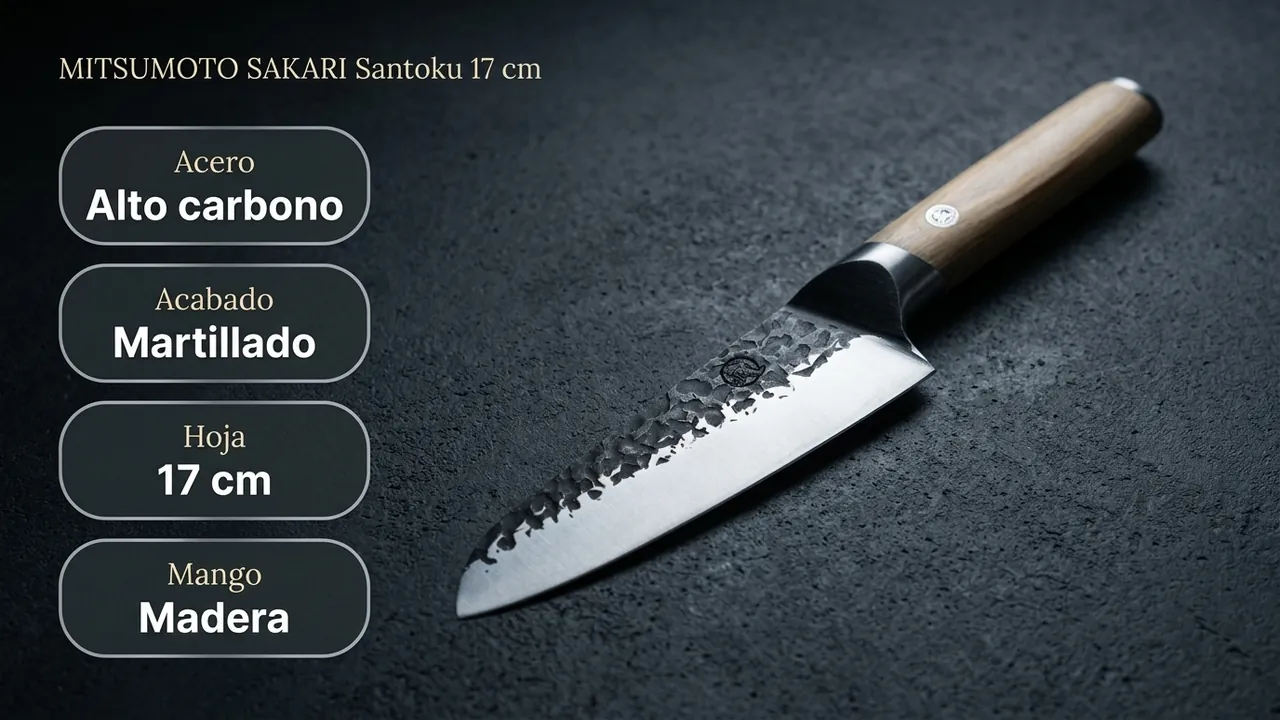 Datos del santoku MITSUMOTO SAKARI de 17 cm: acero al alto carbono con acabado martillado y mango de madera