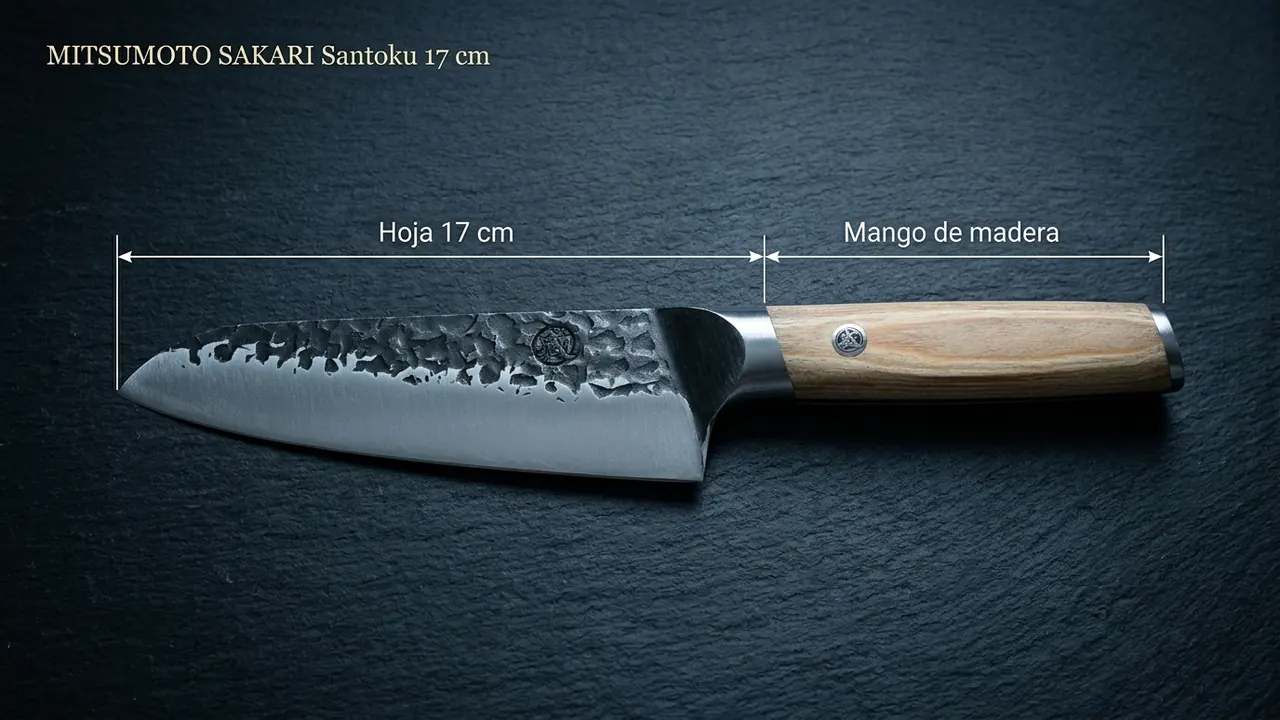 Santoku MITSUMOTO SAKARI de 17 cm acotado: hoja martillada de 17 cm y mango de madera clara