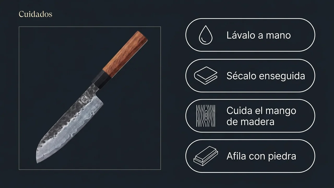 Cuidados del santoku MITSUMOTO SAKARI de 19 cm: lavar a mano, secar enseguida, cuidar el mango y afilar en piedra