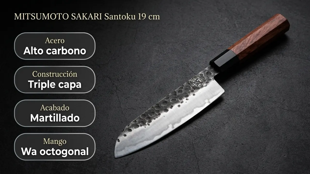 Datos del santoku MITSUMOTO SAKARI de 19 cm: acero al alto carbono triple capa con acabado martillado