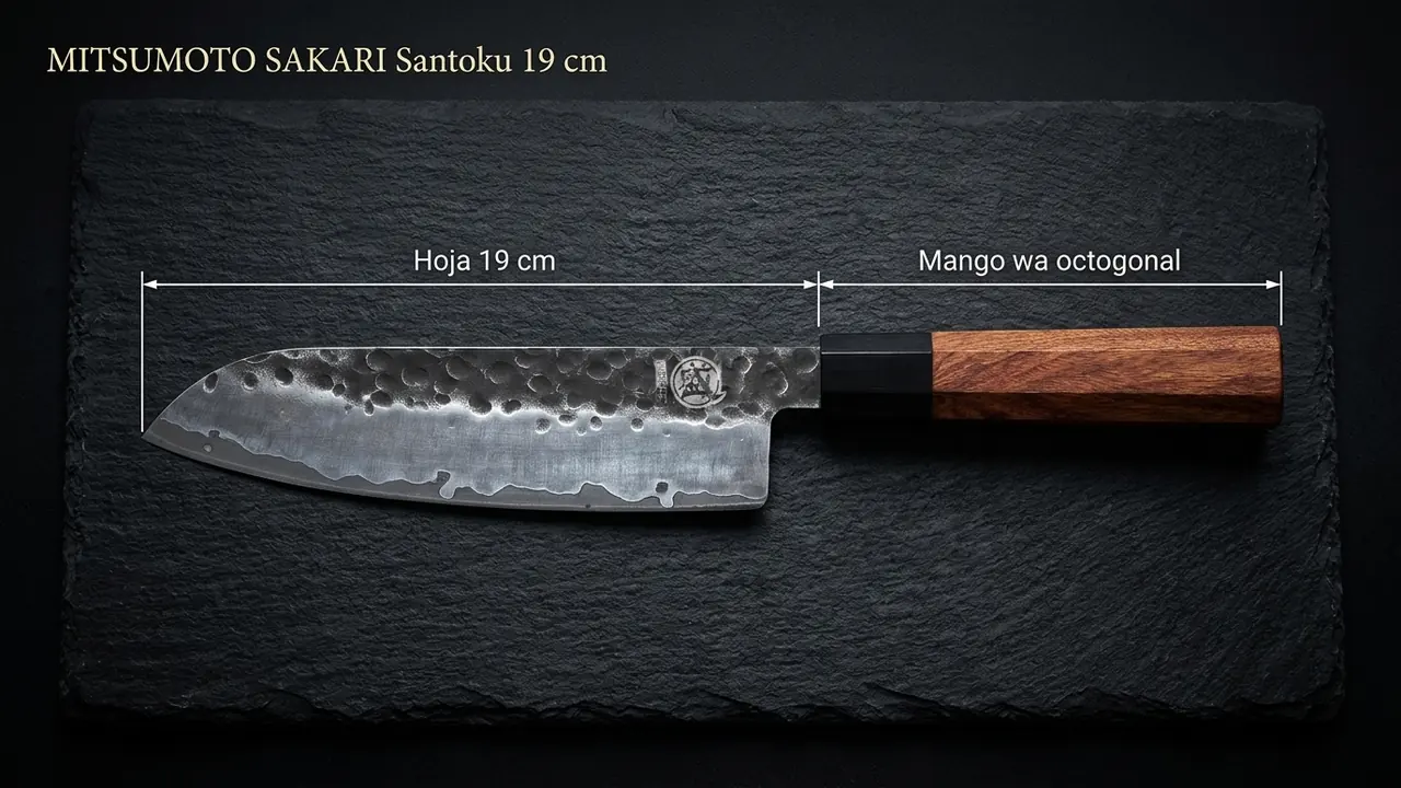 Santoku MITSUMOTO SAKARI acotado: hoja martillada de 19 cm y mango wa octogonal de palisandro