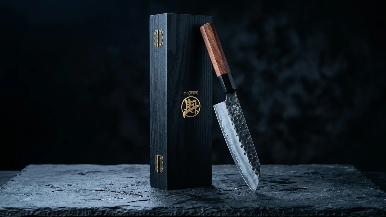 Santoku MITSUMOTO SAKARI de 19 cm apoyado en su caja de madera negra con sello dorado sobre pizarra