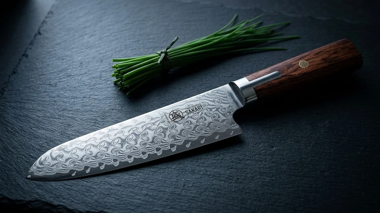 Cuchillo santoku japonés Mitsumoto Sakari de damasco acero en polvo S301 con mango pakkawood