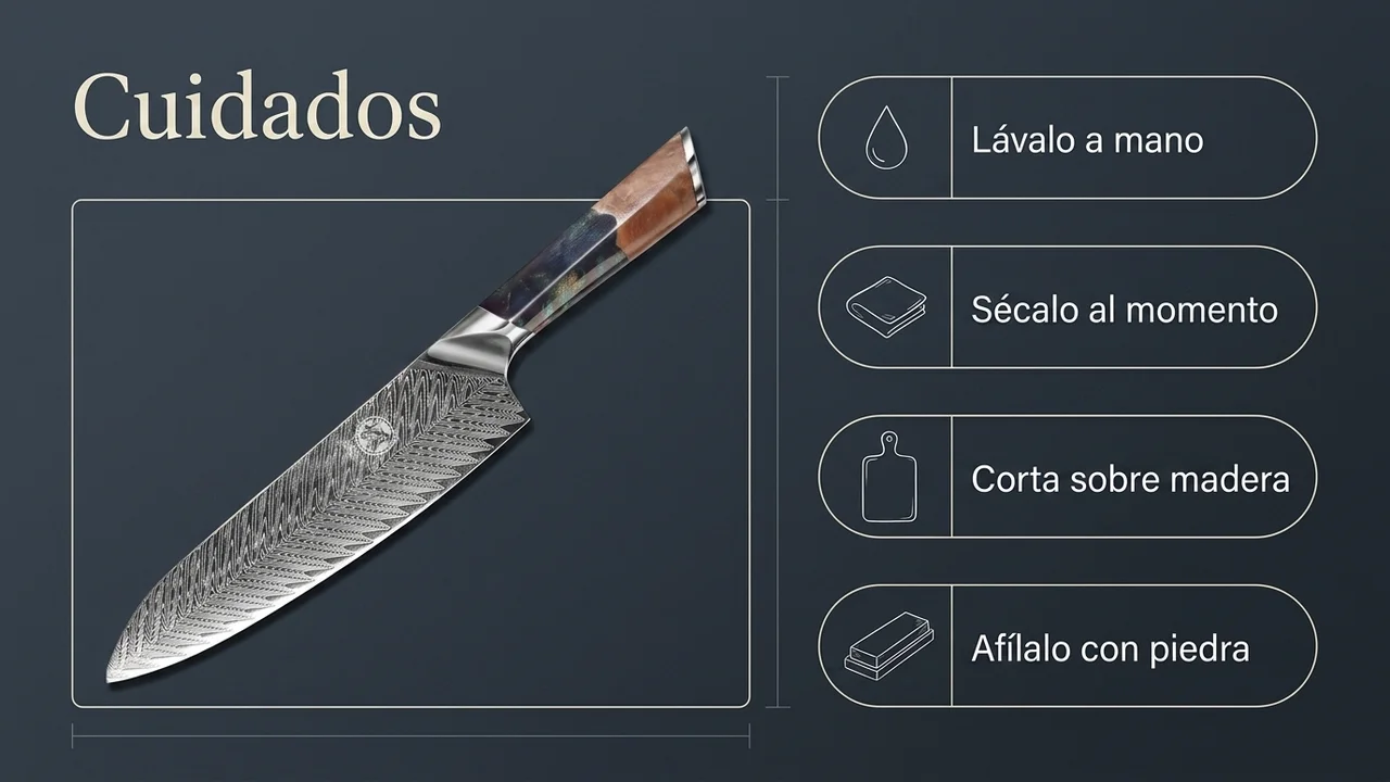 Cuidados del santoku damasco VG-10 de Mitsumoto Sakari: lavado a mano, secado y afilado con piedra