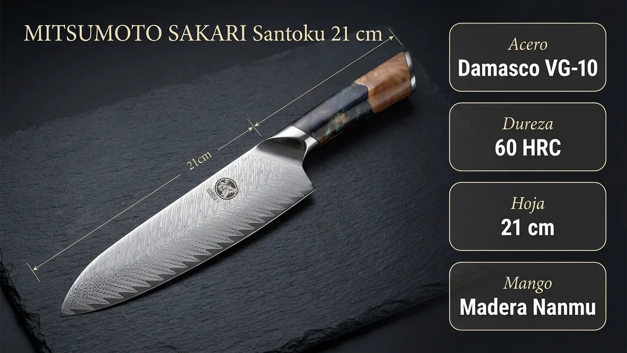 Ficha técnica del santoku Mitsumoto Sakari: acero damasco VG-10, 60 HRC y mango de madera Nanmu