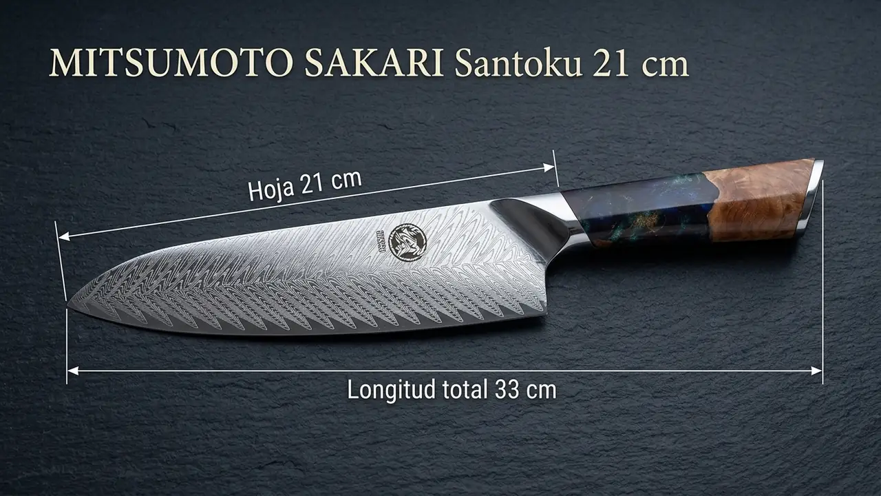 Medidas del santoku Mitsumoto Sakari damasco VG-10: 21 cm de hoja y 33 cm de longitud total
