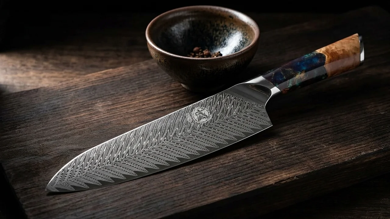 Cuchillo santoku japonés Mitsumoto Sakari de acero damasco VG-10 con mango de madera Nanmu