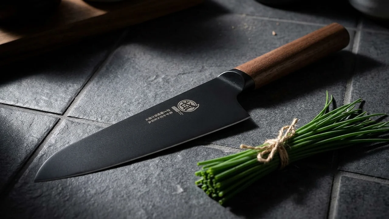 Cuchillo santoku japonés Mitsumoto Sakari de hoja negra de titanio con mango de nogal