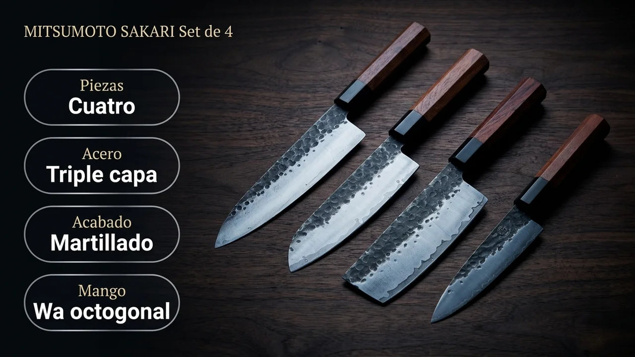 Ficha técnica del set de 4 MITSUMOTO SAKARI: acero de triple capa, acabado martillado y mangos wa octogonales