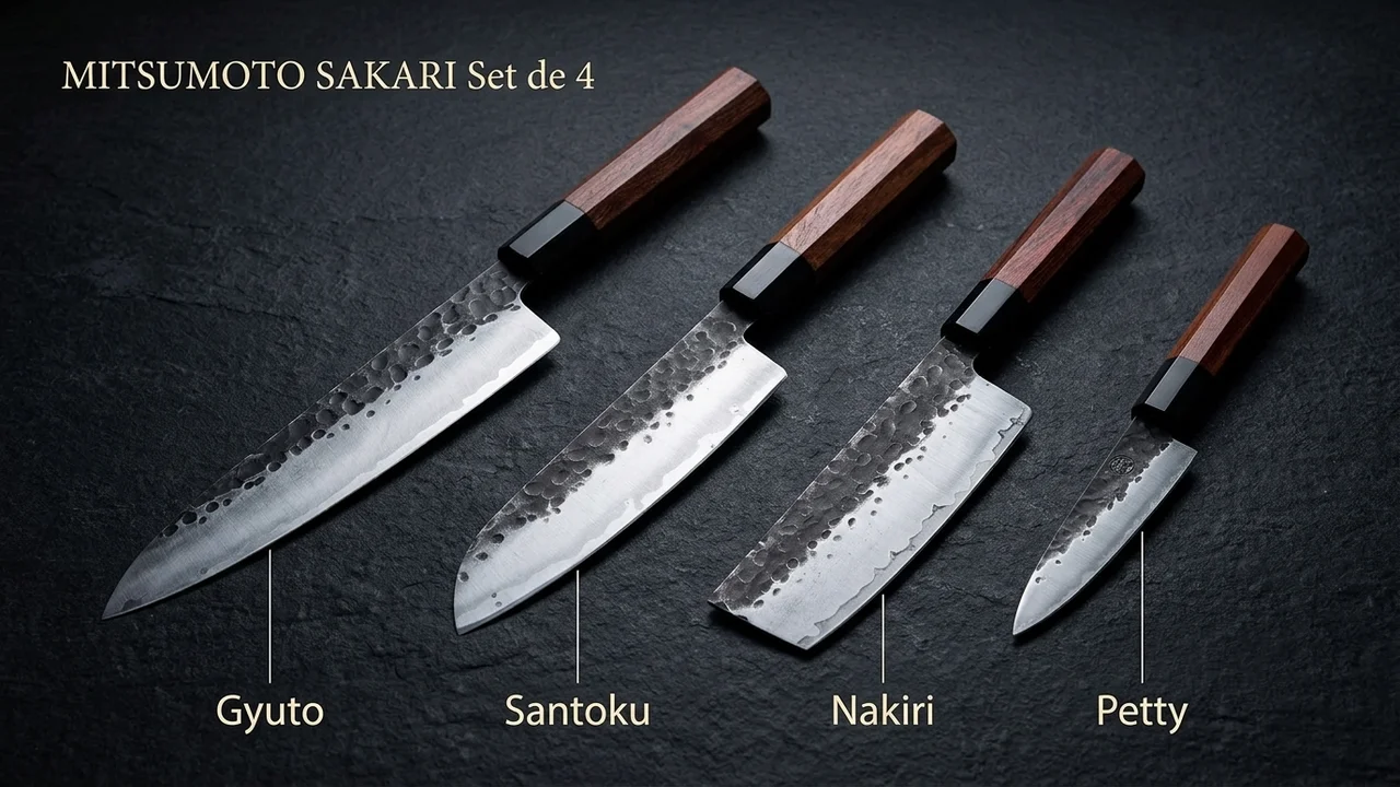 Las cuatro piezas del set MITSUMOTO SAKARI identificadas una a una: gyuto, santoku, nakiri y petty