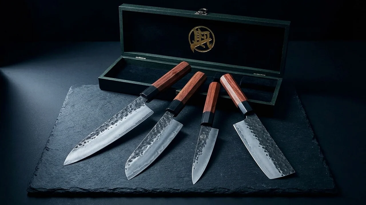 Set de 4 cuchillos MITSUMOTO SAKARI en abanico ante su caja de madera abierta con sello dorado