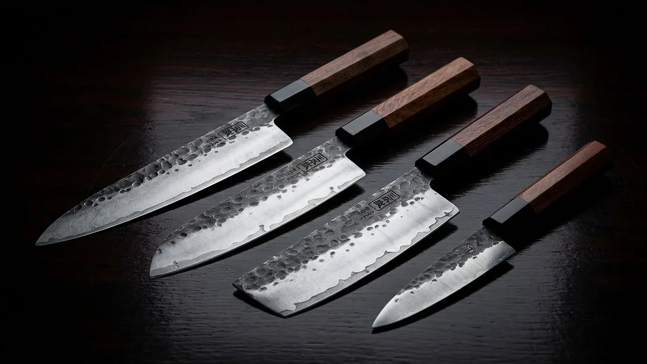 Juego de 4 cuchillos japoneses Mitsumoto Sakari de acero triple capa con mango de teca